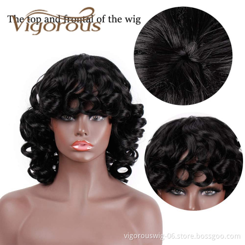 Vigorous Hot Selling Super Curl With Bangs Shoulder Length Heat Resistant Fiber Bob Cosplay For Black Women Synthetic Hair Wigs
